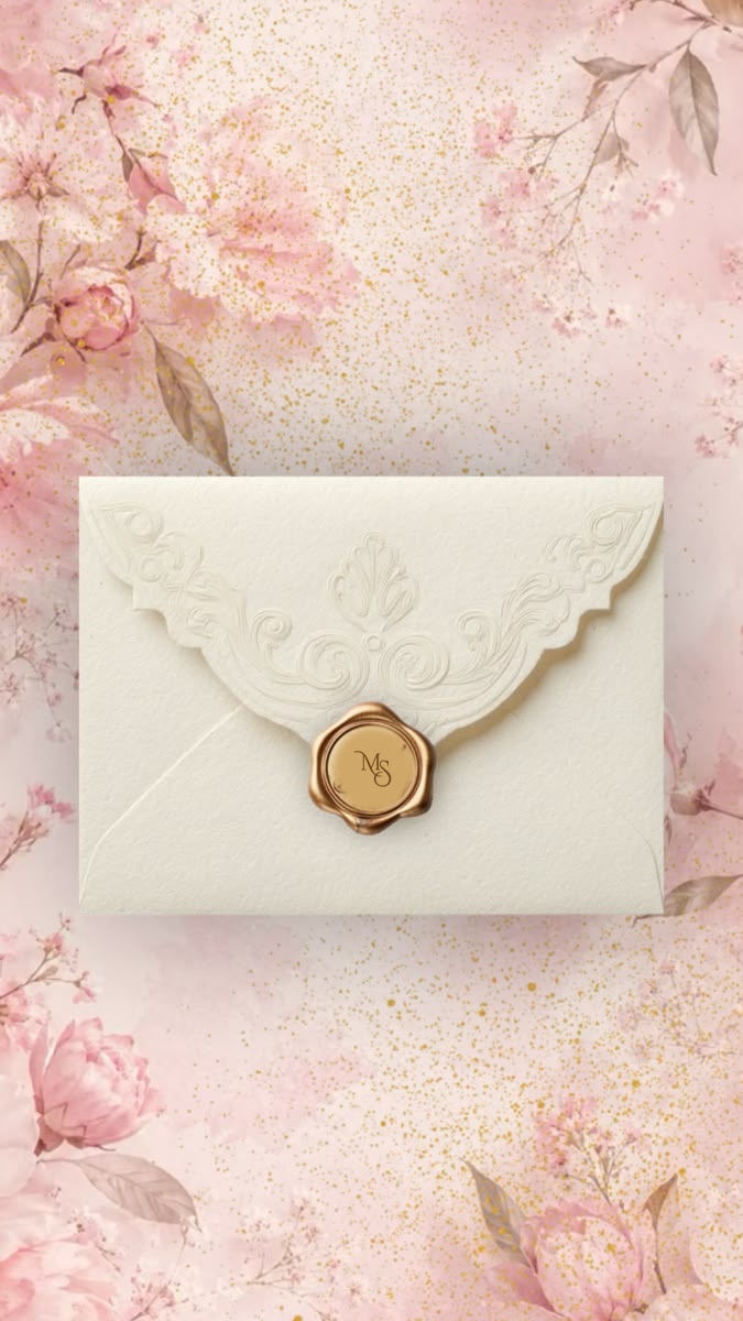Pink Floral Invitation With An Embossed Cream Envelope And MS Gold Seal